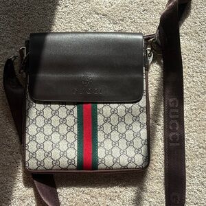 Brown and Cream Messenger Bag with Red and Green Stripe